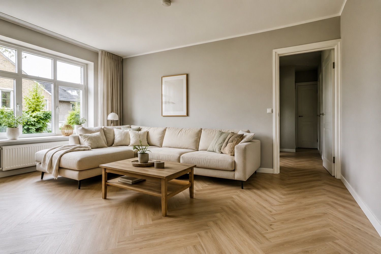 Nachher: fertig renoviertes Wohnzimmer mit Fischgrät-Vinyl, frisch gestrichenen Wänden und Sockelleisten