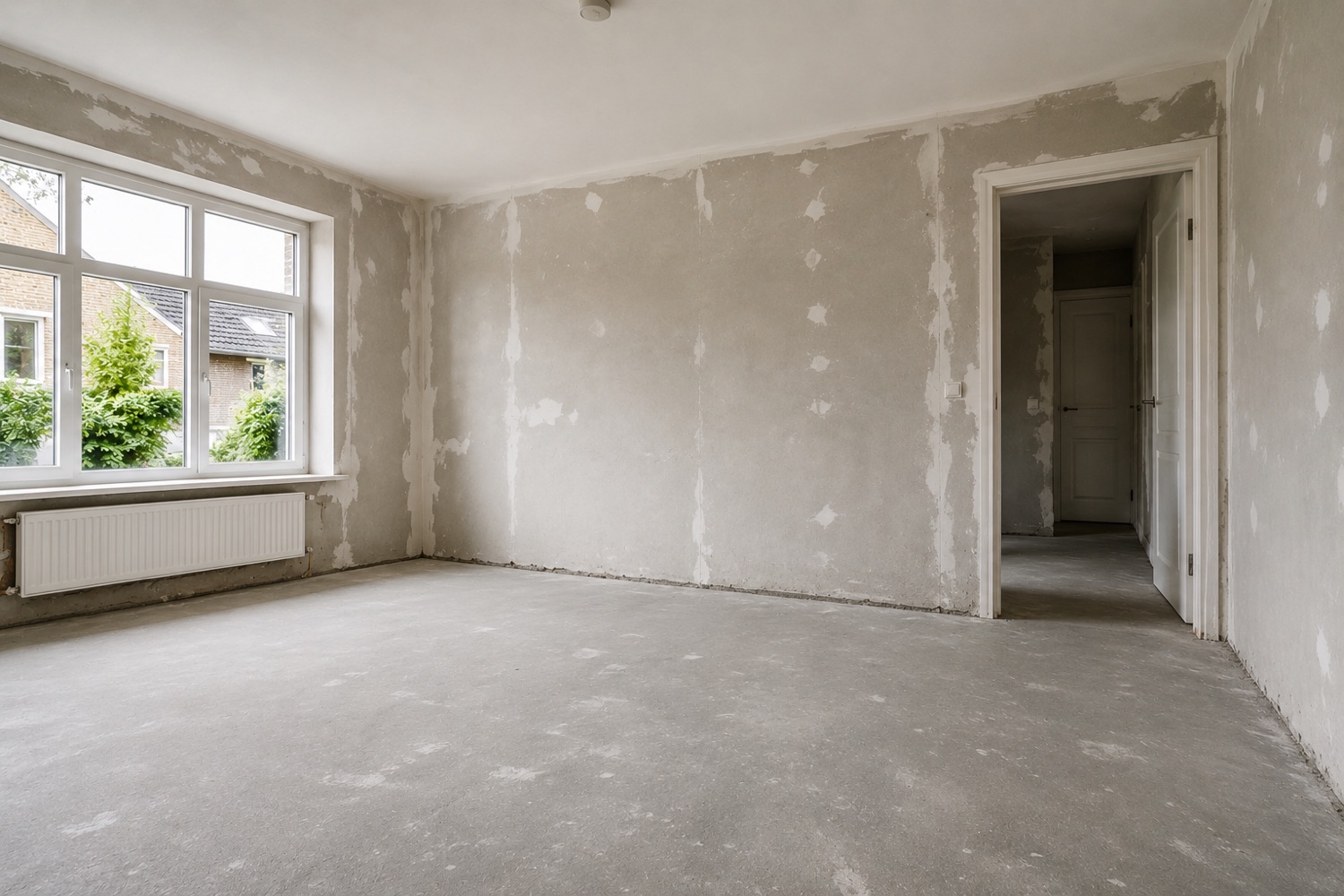 Vorher: Rohbau mit blankem Estrich und gespachtelten Wänden